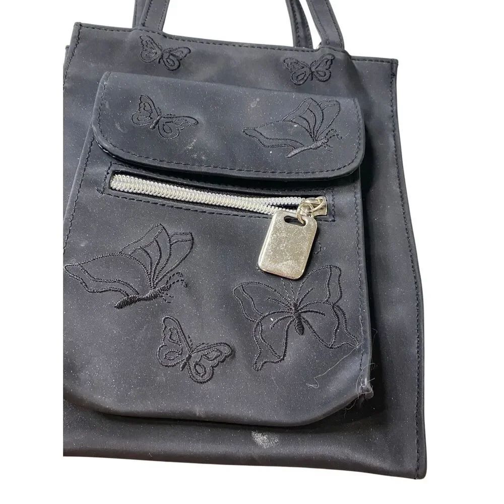 Butterfly Embroidered Mini Tote Handbag Y2K Goth Grunge Shoulder Purse Black PVC - Picture 4 of 11